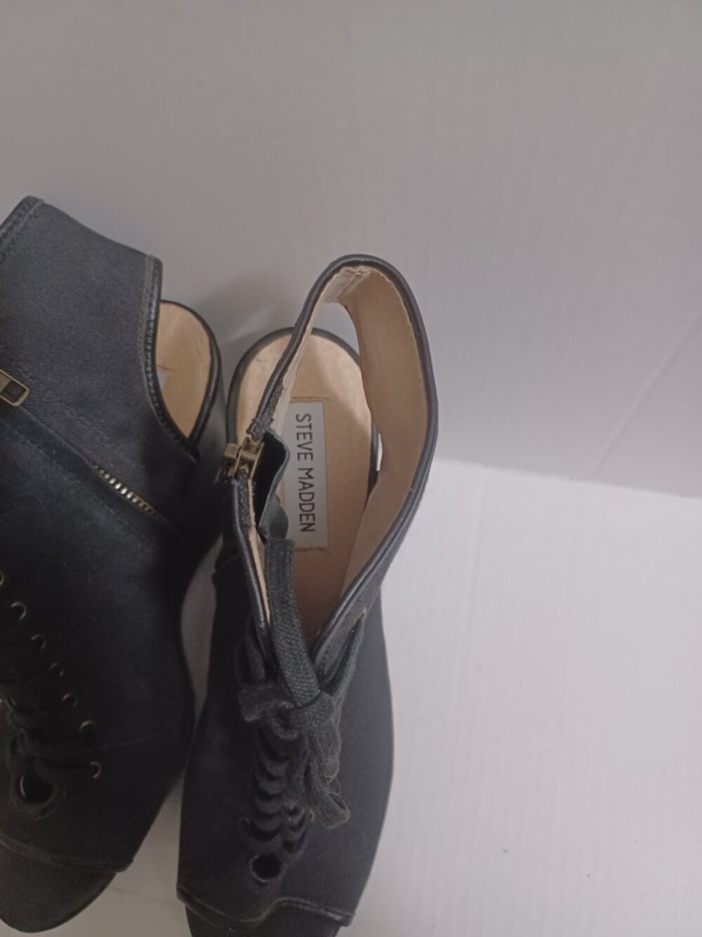 STEVE MADDEN TREPPIDD LACE-UP WEDGE OPEN TO OPEN HEEL BOOTIE SANDALS BLACK 9.5 - Picture 6 of 15
